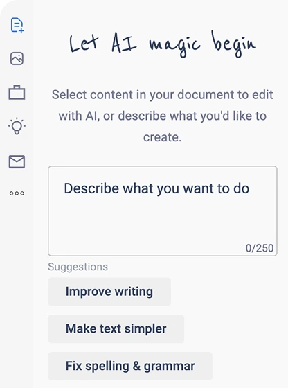 Interface screenshot displaying an AI writing assistant panel with the heading "Let AI magic begin" and options to improve writing, make text simpler, or fix spelling and grammar.