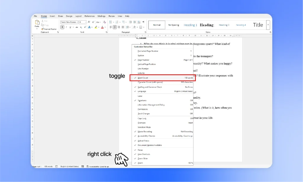 toggle on word counter on word status bar